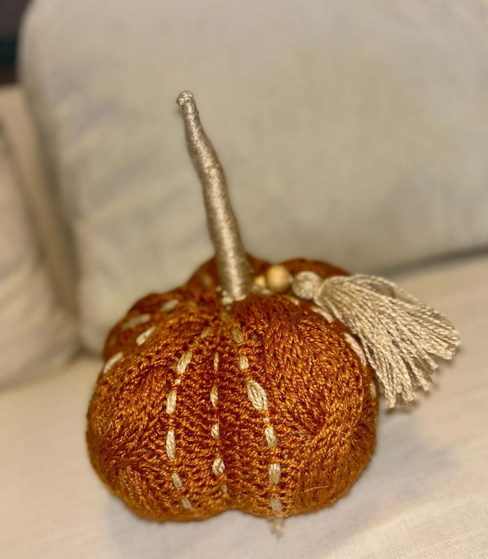 Crate & Barrel Knitted Pumpkin Decor, Orange with White Embroidery and Tassel